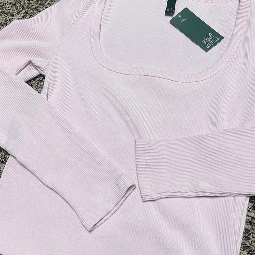 Wild Fable Ribbed Light Pink Square Neck Long Sleeve Cropped Tee Sz S | NWT - Picture 2 of 4